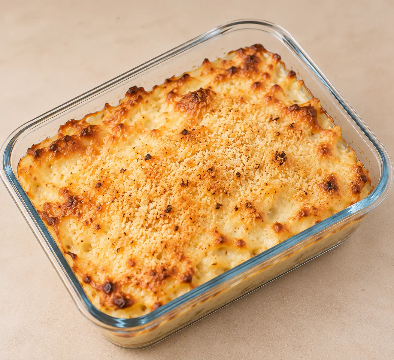 Gratin doré à la chapelure croustillante dans un plat en verre
