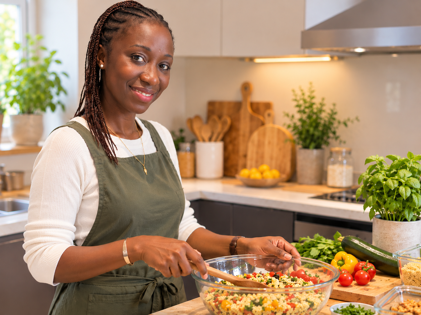 Philomène dans sa cuisine, derrière ses plats faits maison