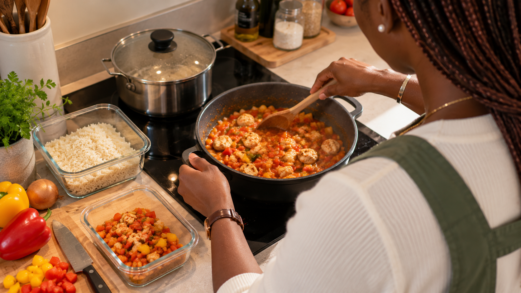 Philomène fait mijoter un plat en sauce dans une grande poêle, à côté du riz et des légumes découpés pour la semaine