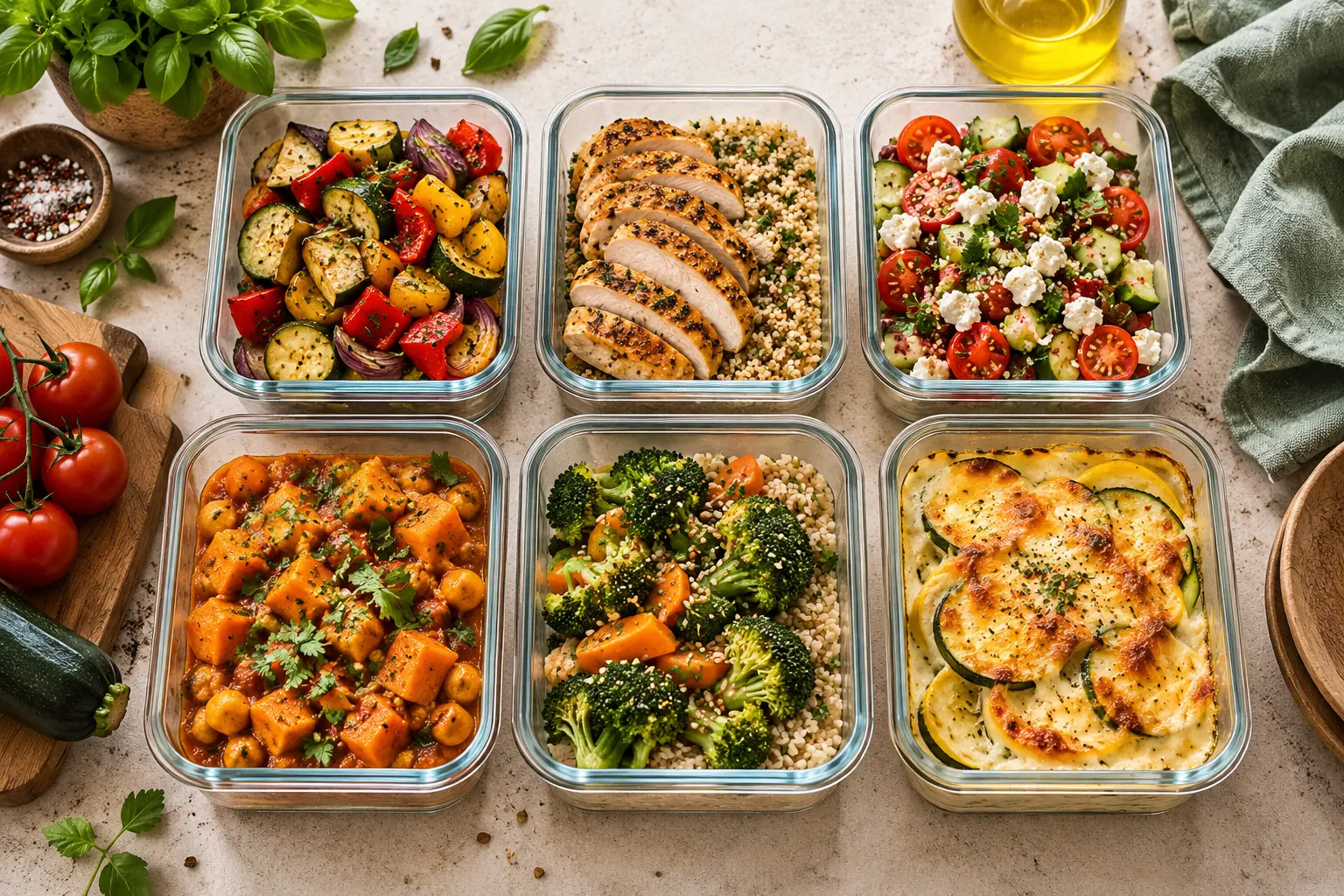 Plusieurs plats méditerranéens colorés préparés en batch cooking